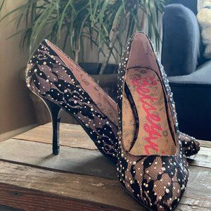 Betsyville lace black purple rhinestones womens high heel shoes SZ 6 M